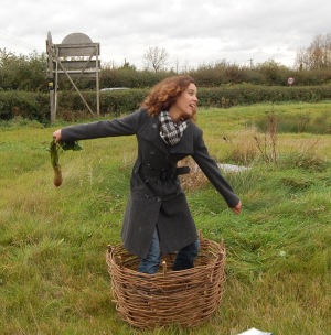 A contestant in the pitching basket, about to hurl.
